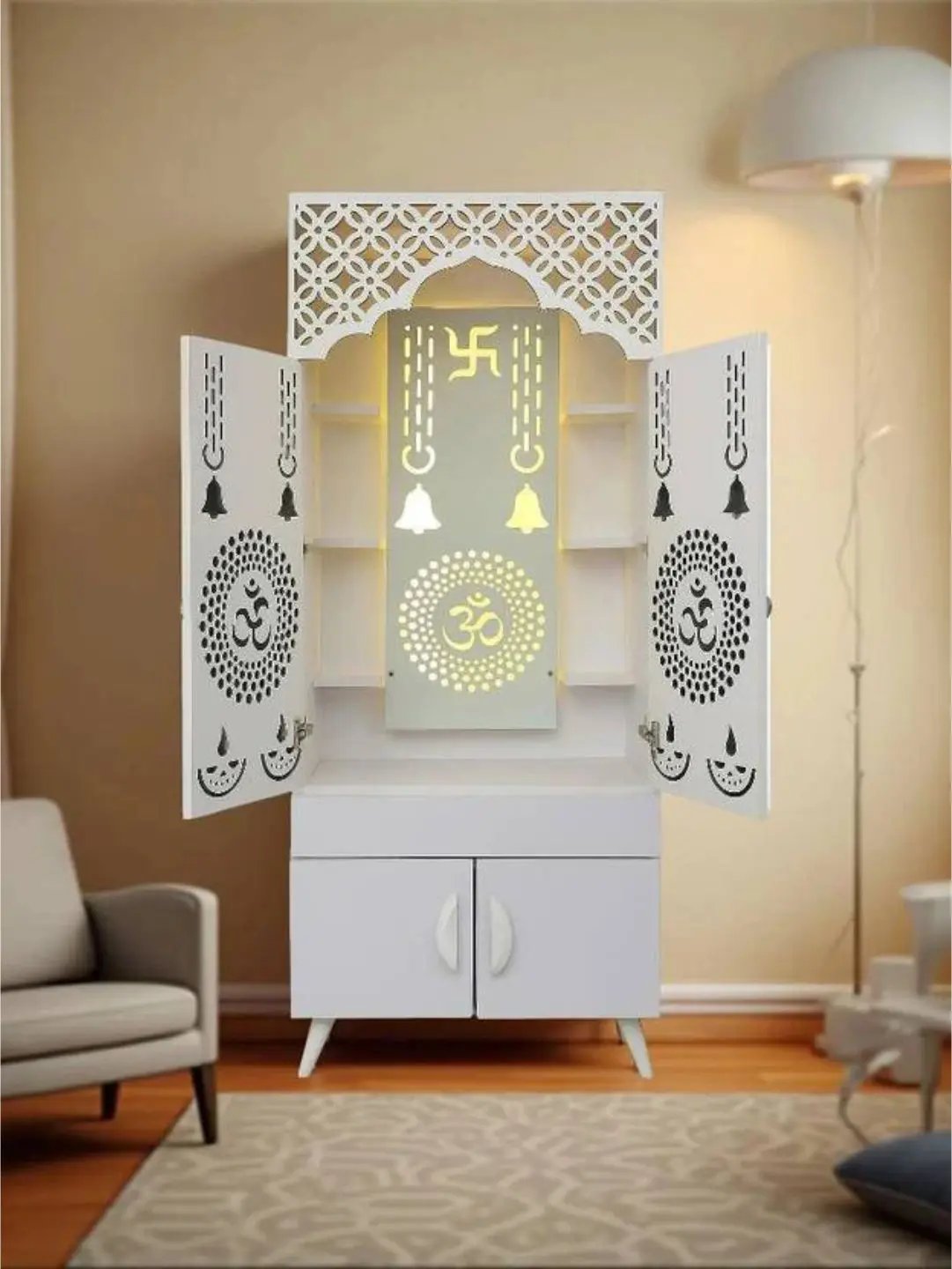 Premium Wooden Mandir with LED Backlight (White Finish) The Mandir Company
