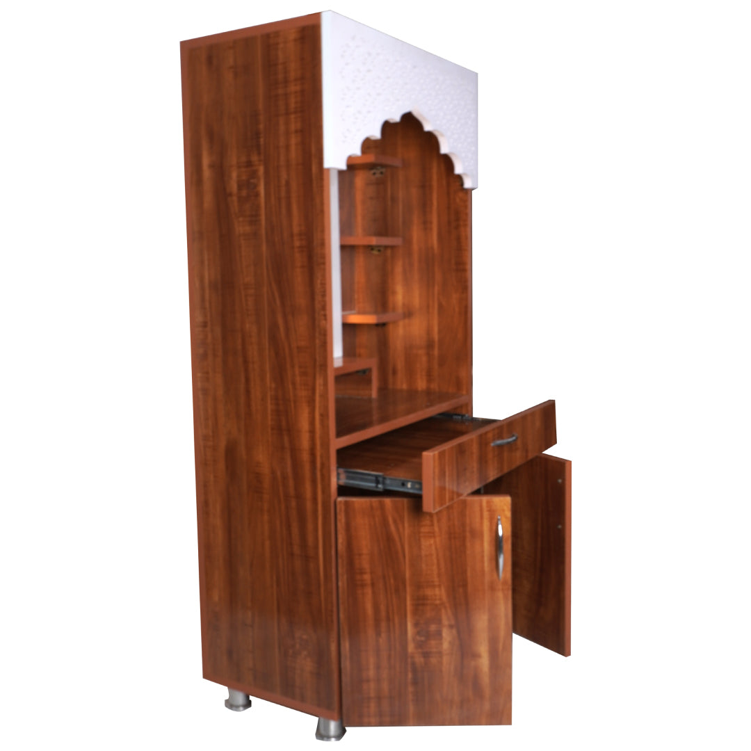 LED Wooden Mandir for Home – White & Brown Finish Temple with Shri Om Design (130x60x34 cm) | Modern Pooja Mandir with Storage