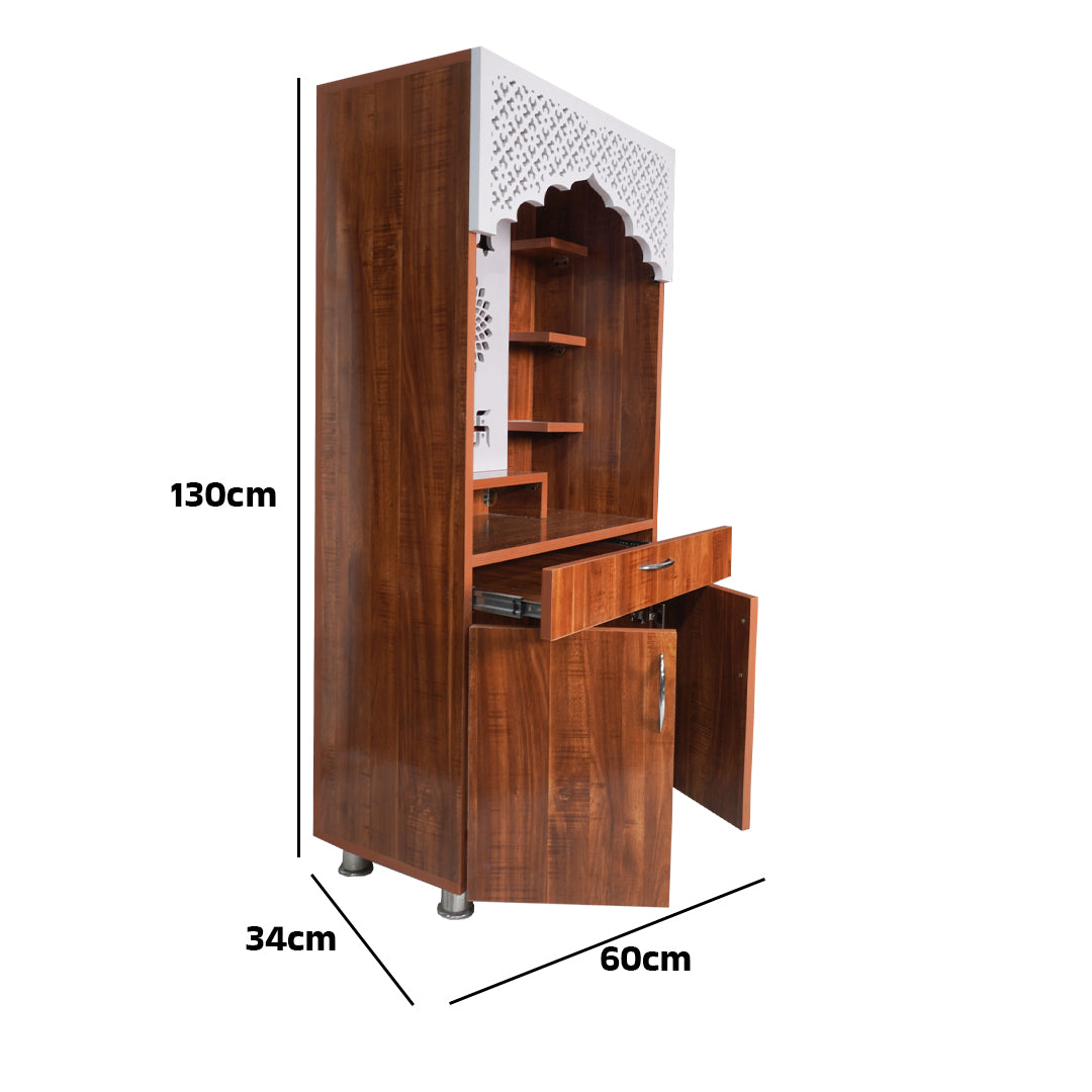 Modern Wooden Mandir with LED Light – White & Brown Finish Temple for Home (130x60x34 cm) | Pooja Mandir with Storage Cabinet