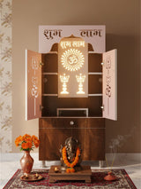 Wooden Pooja Mandir with “Shubh Labh” Design & Storage Cabinet (Dual Tone Finish)