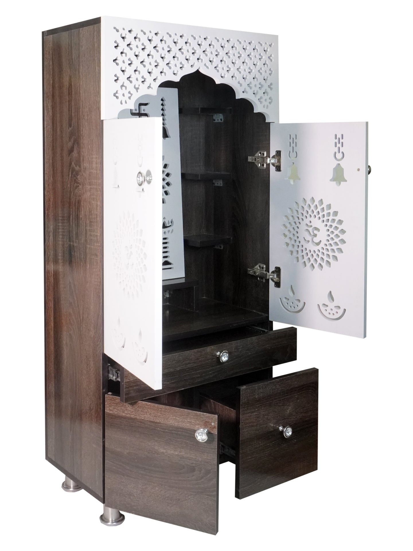 Wooden Pooja Mandir for Home with LED Light & Storage | Modern Temple Cabinet with Drawer & Shelves