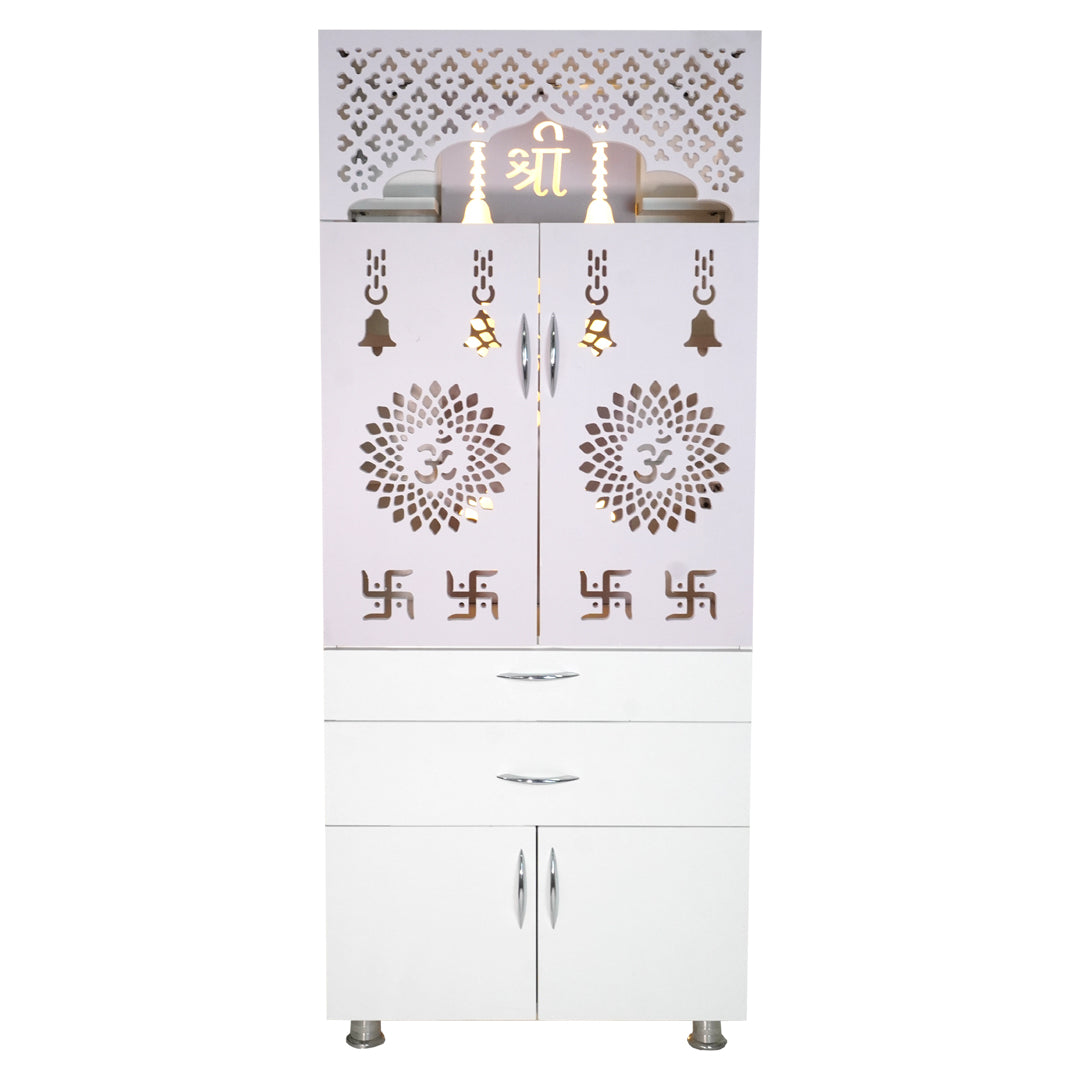 Luxury Wooden Mandir for Home with LED Om Panel & Double Drawer Storage | Modern White Pooja Temple Cabinet