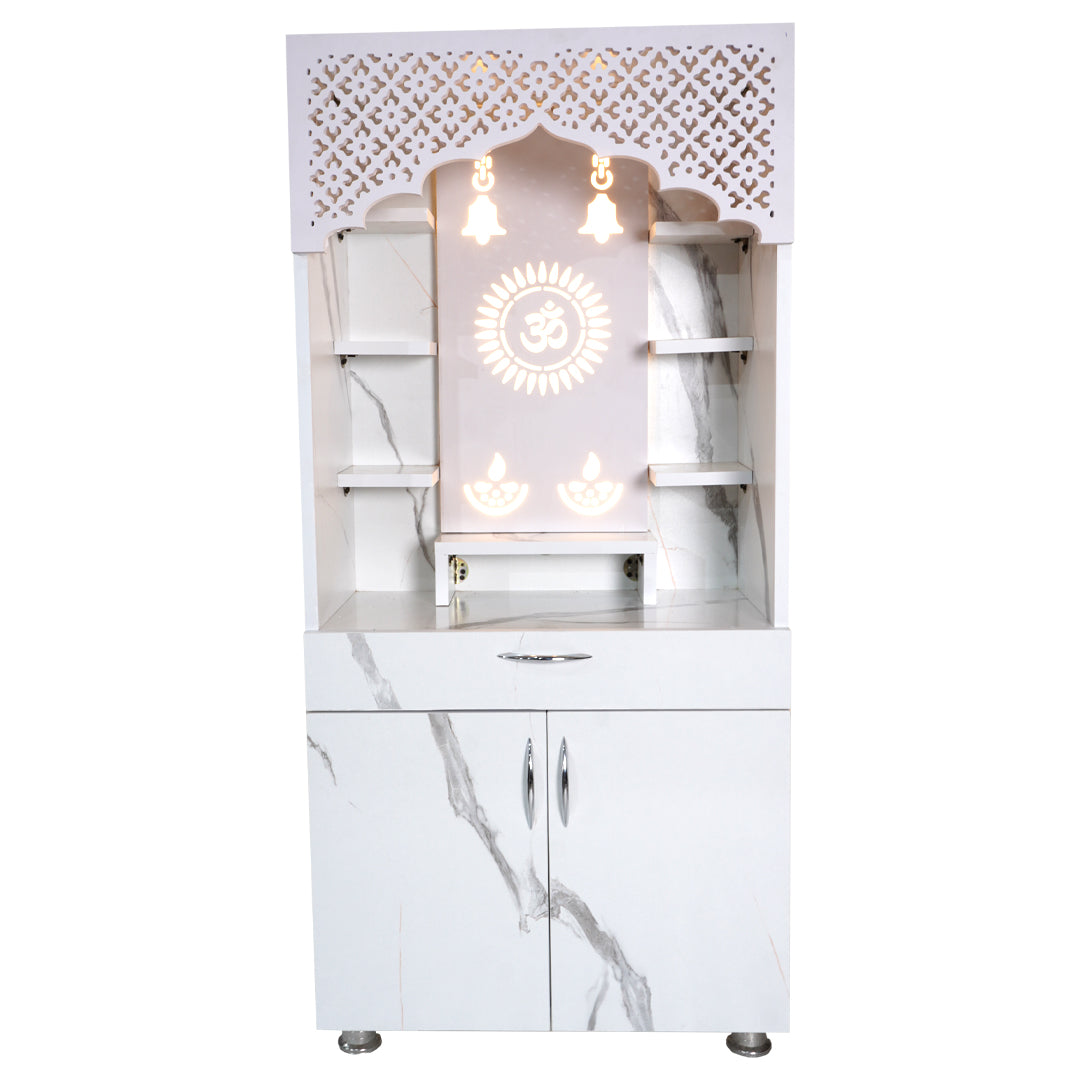Luxury LED Pooja Mandir for Home – White Marble & Brown Wooden Finish Temple with Storage (130x60x34 cm)