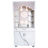 Luxury LED Pooja Mandir for Home – White Marble & Brown Wooden Finish Temple with Storage (130x60x34 cm)