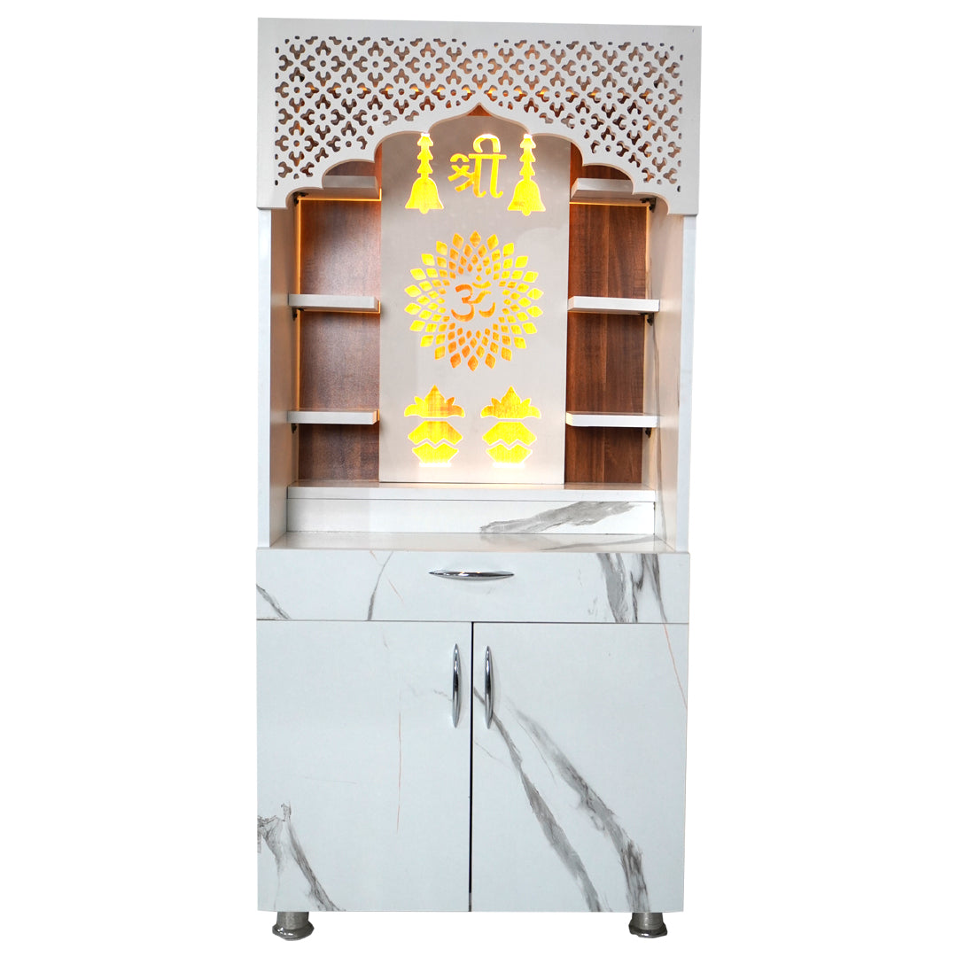 Luxury White Marble Wooden Temple with LED Back Panel – Shri Om Design Temple for Home (130x60x34 cm)