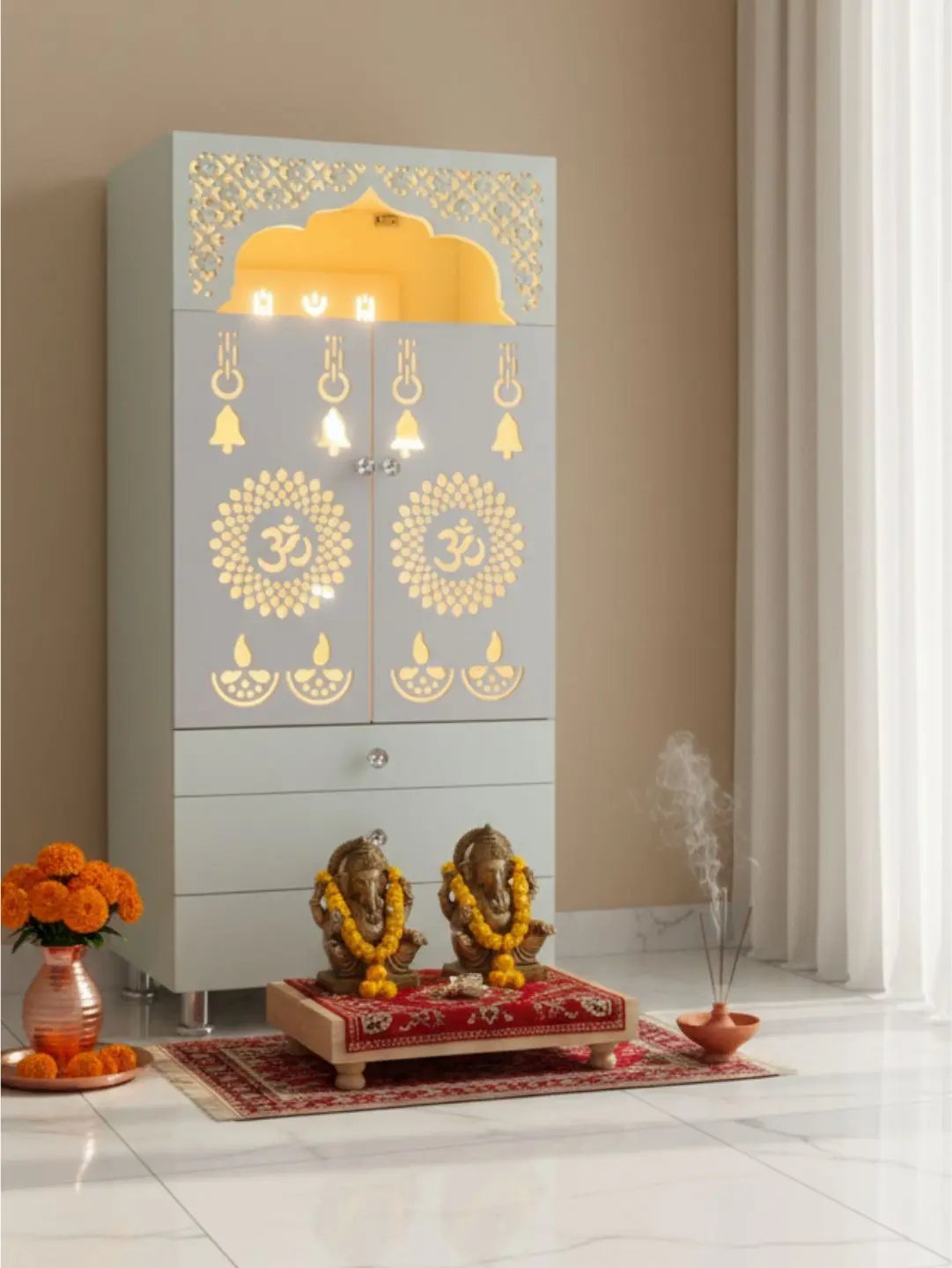 Modern White Wooden Mandir with LED Backlight & 3 Storage Drawers