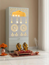 Modern White Wooden Mandir with LED Backlight & 3 Storage Drawers