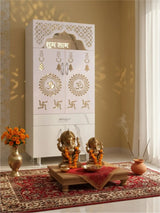 Marble Finish Wooden Mandir with LED Light & Storage – Modern Pooja Mandir for Home (60x35x130 CM) The Mandir Company
