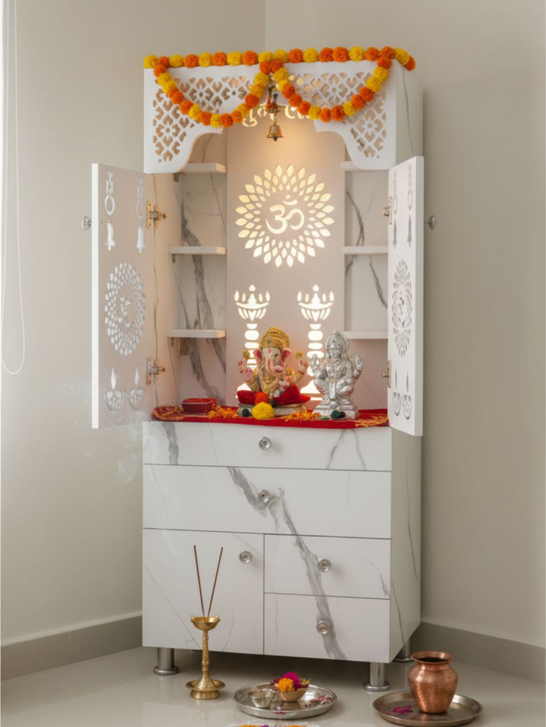 Modern Standing Pooja Mandir With Marble-Finish Design and Decorative Doors