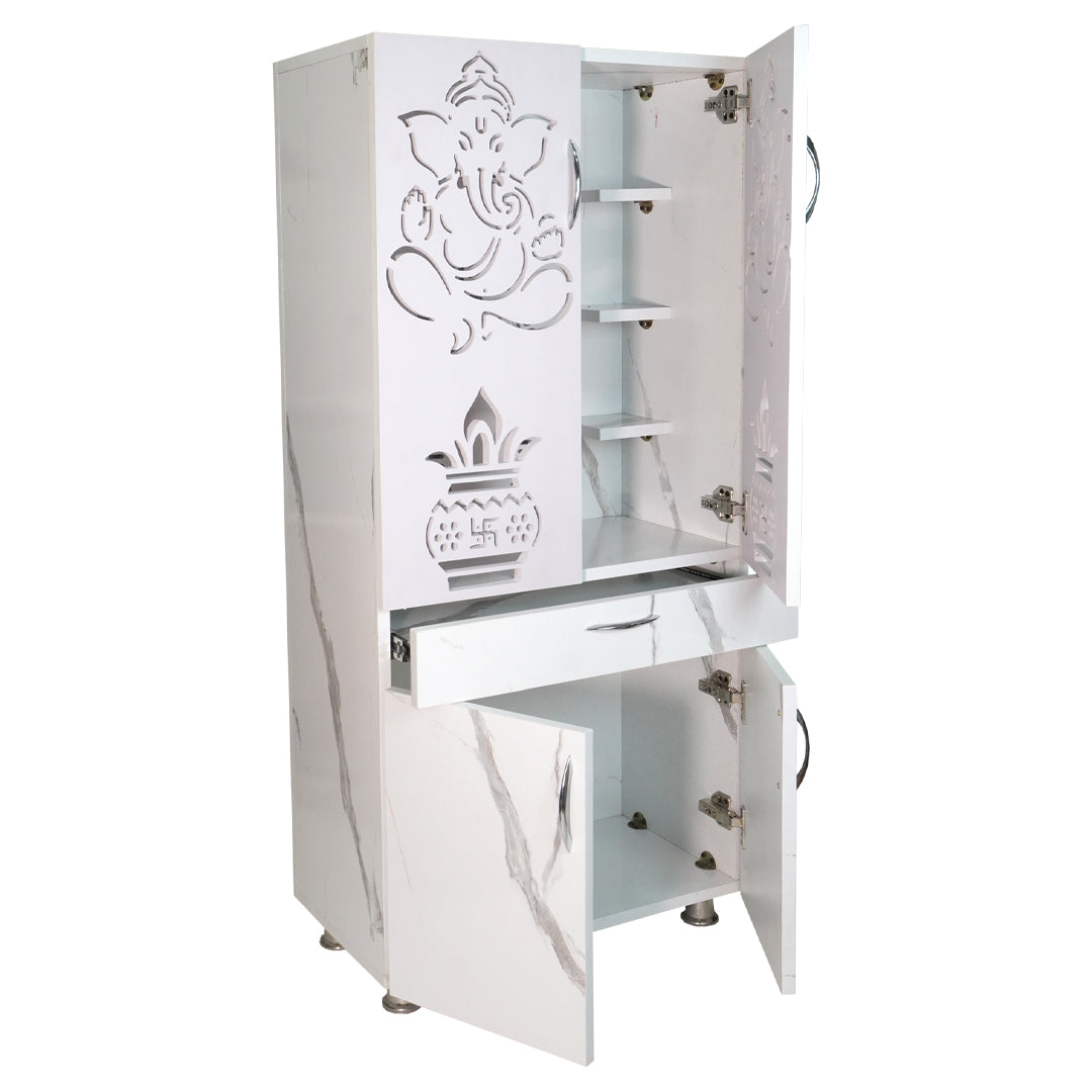 Wooden Mandir for Home with LED Light & Storage | Modern Pooja Cabinet with Ganesh Design & Marble Finish