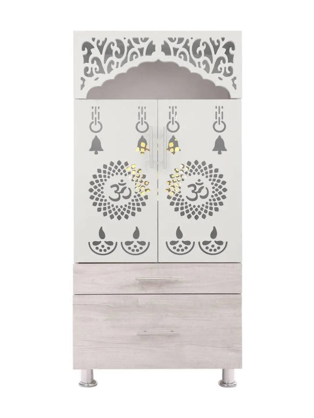 White Wooden Mandir with Dual Drawers & Decorative Jaali Design