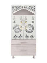 White Wooden Mandir with Dual Drawers & Decorative Jaali Design