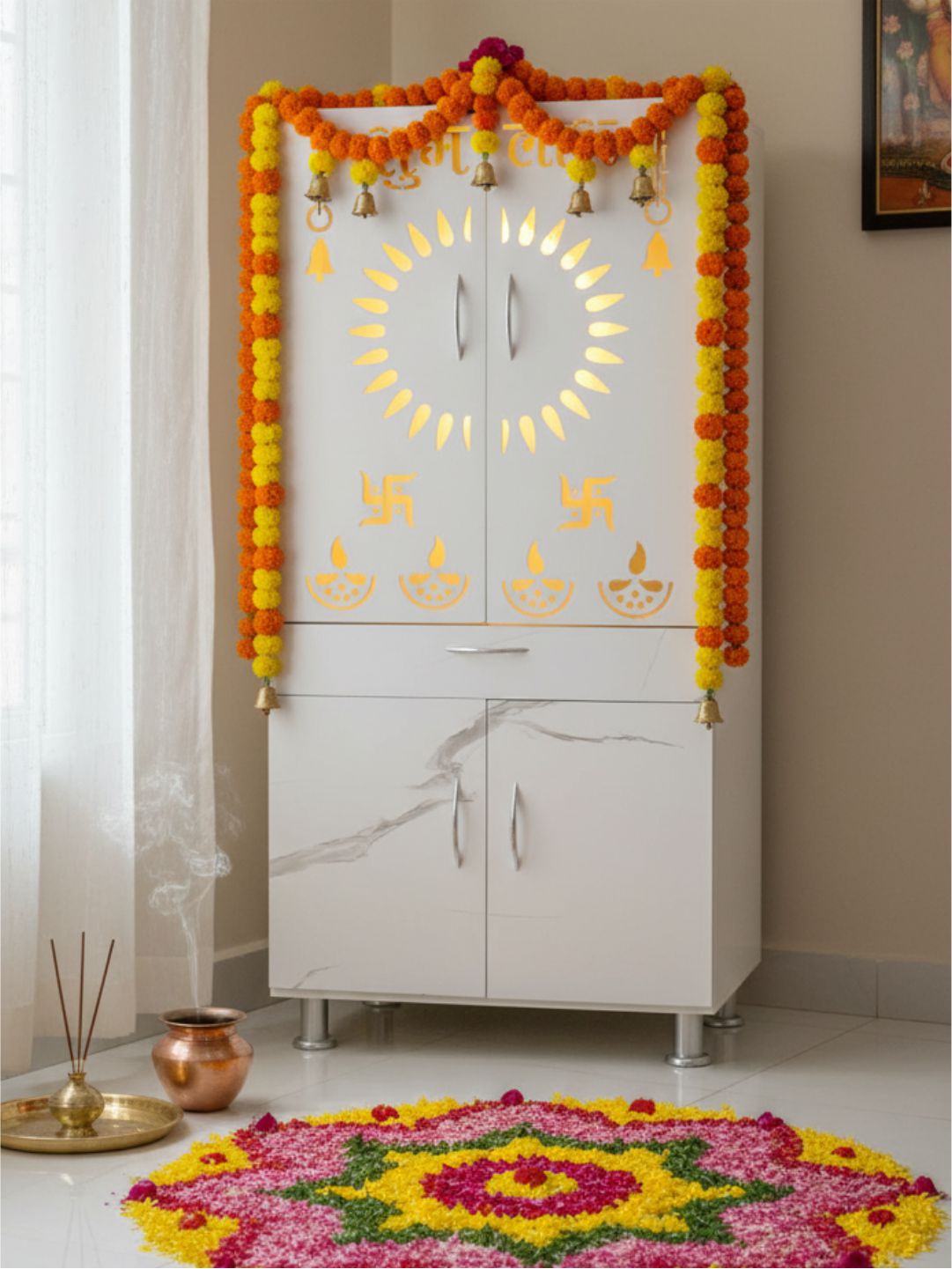 White Marble-Finish Pooja Mandir with Decorative Cut-Work Doors