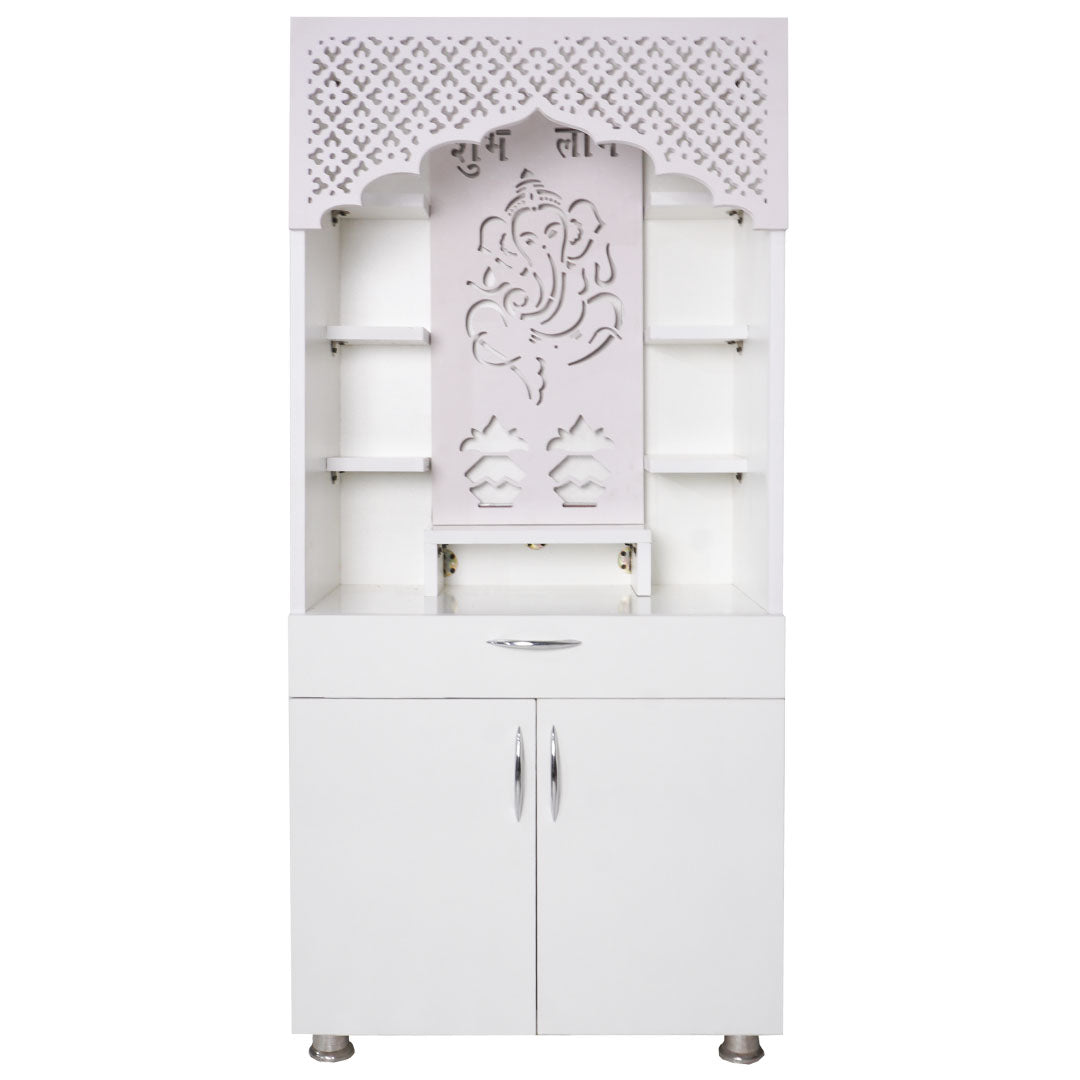 White Wooden Temple for Home with LED Ganesha Design | Modern Pooja Mandir with Storage | 130x60x34 cm | The Mandir Company
