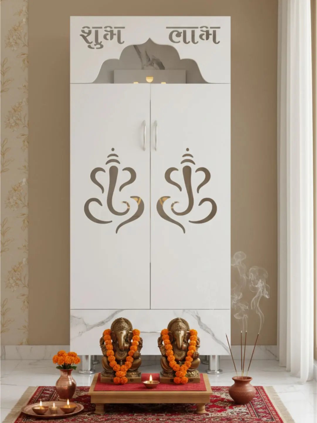 Marble Finish Wooden Mandir with Shubh Labh Carving & LED Light (60×34×130 CM) The Mandir Company