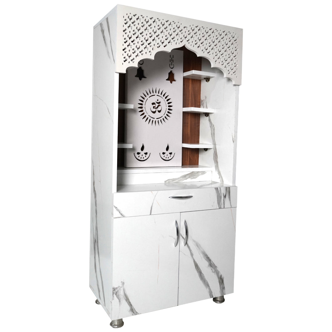 White Marble Finish Wooden Mandir with LED Om Sun Design – 130x60x34 cm | Modern Wooden Temple for Home with Storage