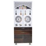 Wooden Home Mandir with LED Light & Storage Drawers – White, Brown & Black Temple Unit (145x60x34 cm) Modern Pooja Cabinet