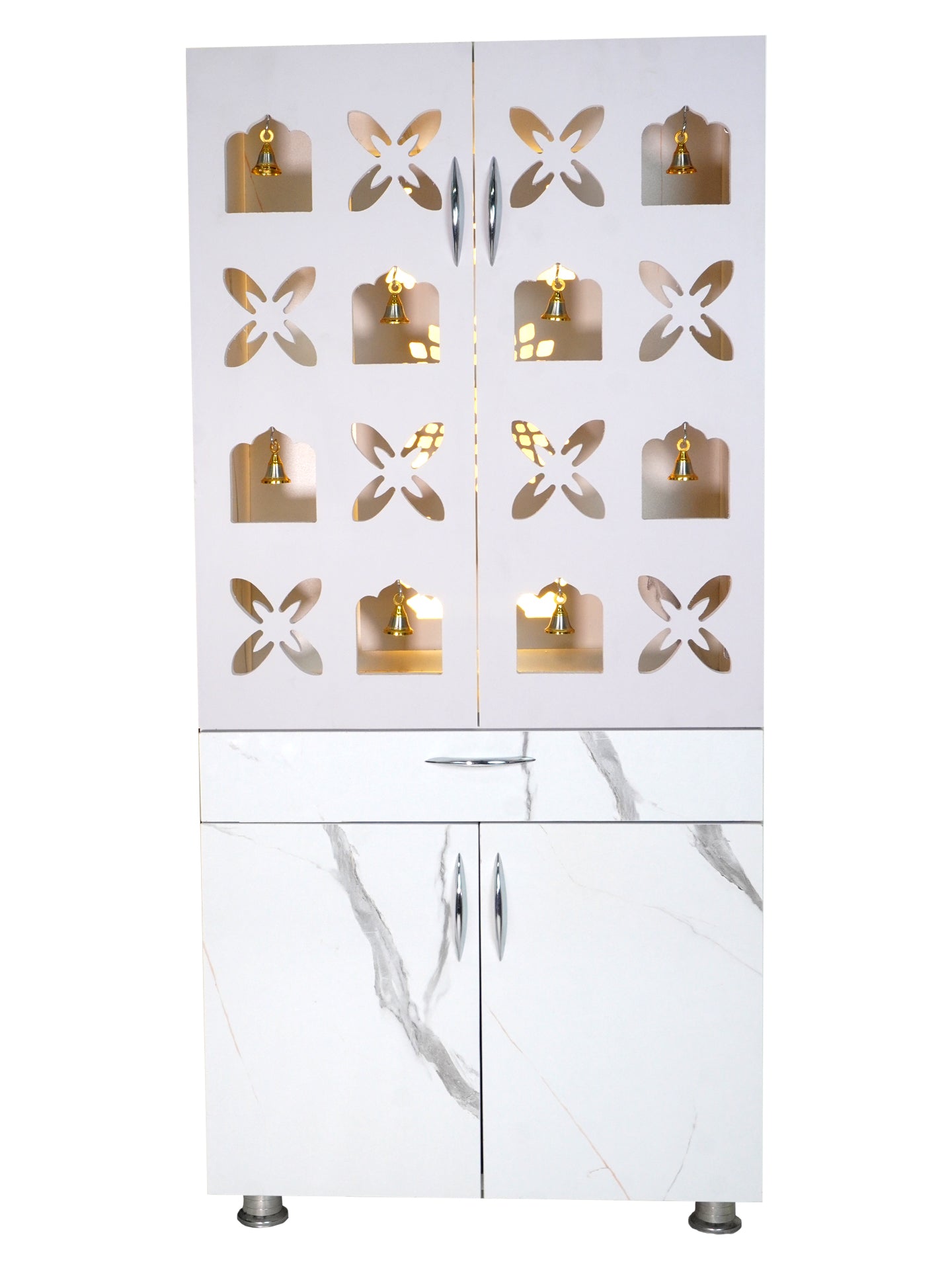 Luxury Wooden Mandir for Home with LED Shree Om Panel & Designer Bell Doors | Modern White Pooja Cabinet with Storage