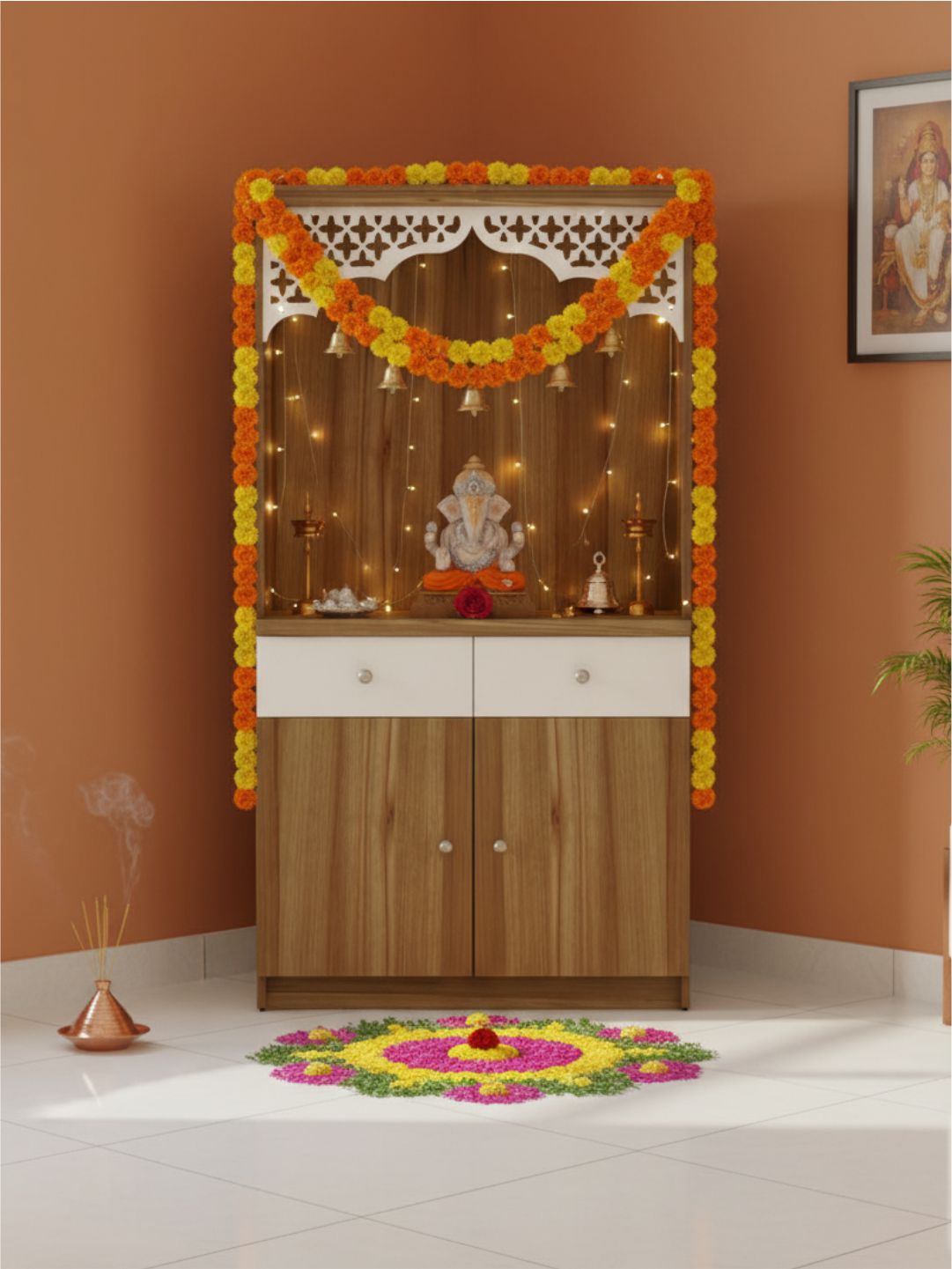 Wooden Pooja Mandir with Carved Arch and Storage