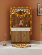 Wooden Pooja Mandir with Carved Arch and Storage