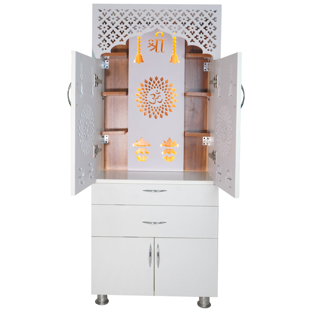 Premium Wooden Mandir for Home with LED Om Panel, Double Drawer & Storage Cabinet | Modern White Pooja Temple Unit