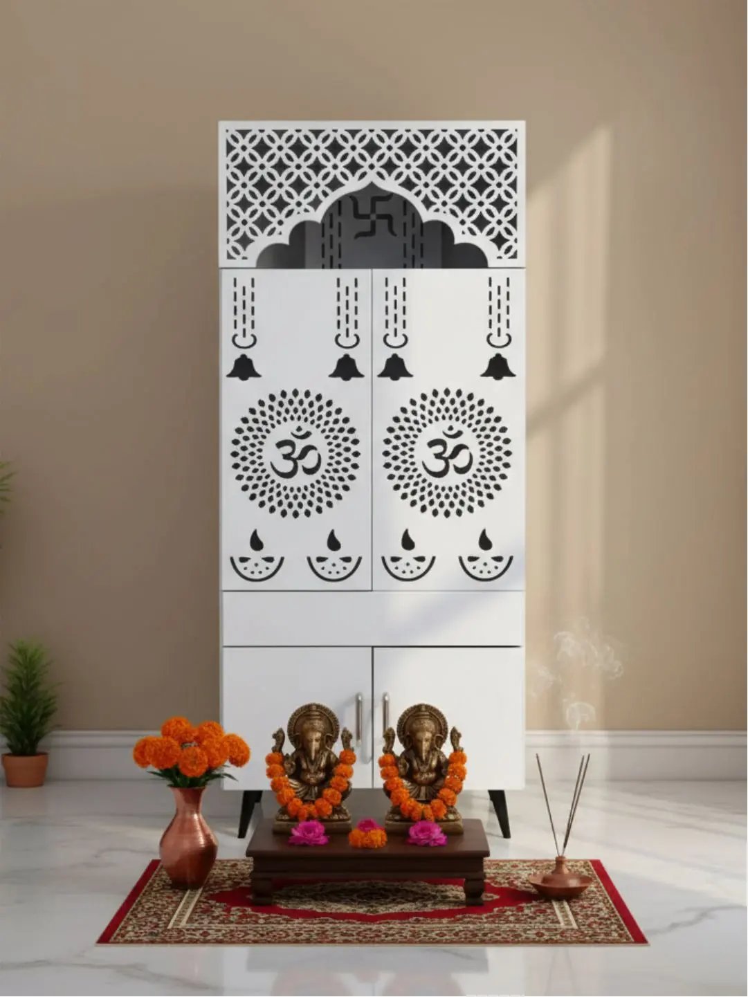 White Wooden Mandir with LED Backlight & Storage