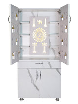 Premium Wooden Mandir for Home with LED Om Swastik Panel & Designer Bell Doors | Modern White Pooja Cabinet with Storage