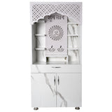 Premium Shubh Labh Wooden Mandir with LED Light – White & Brown Home Temple with Storage (130x60x34 cm)