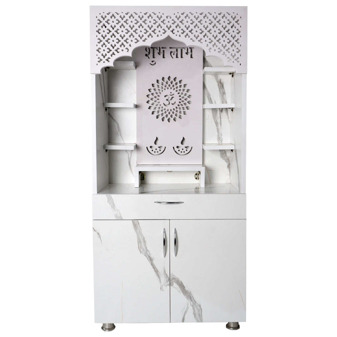 Premium Shubh Labh Wooden Mandir with LED Light – White & Brown Home Temple with Storage (130x60x34 cm)