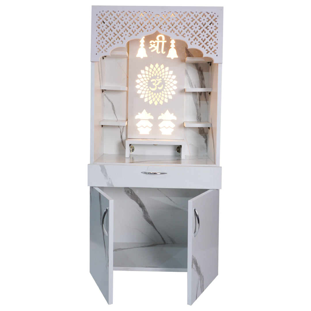 LED Wooden Mandir for Home – White & Brown Finish Temple with Shri Om Design (130x60x34 cm) | Modern Pooja Mandir with Storage