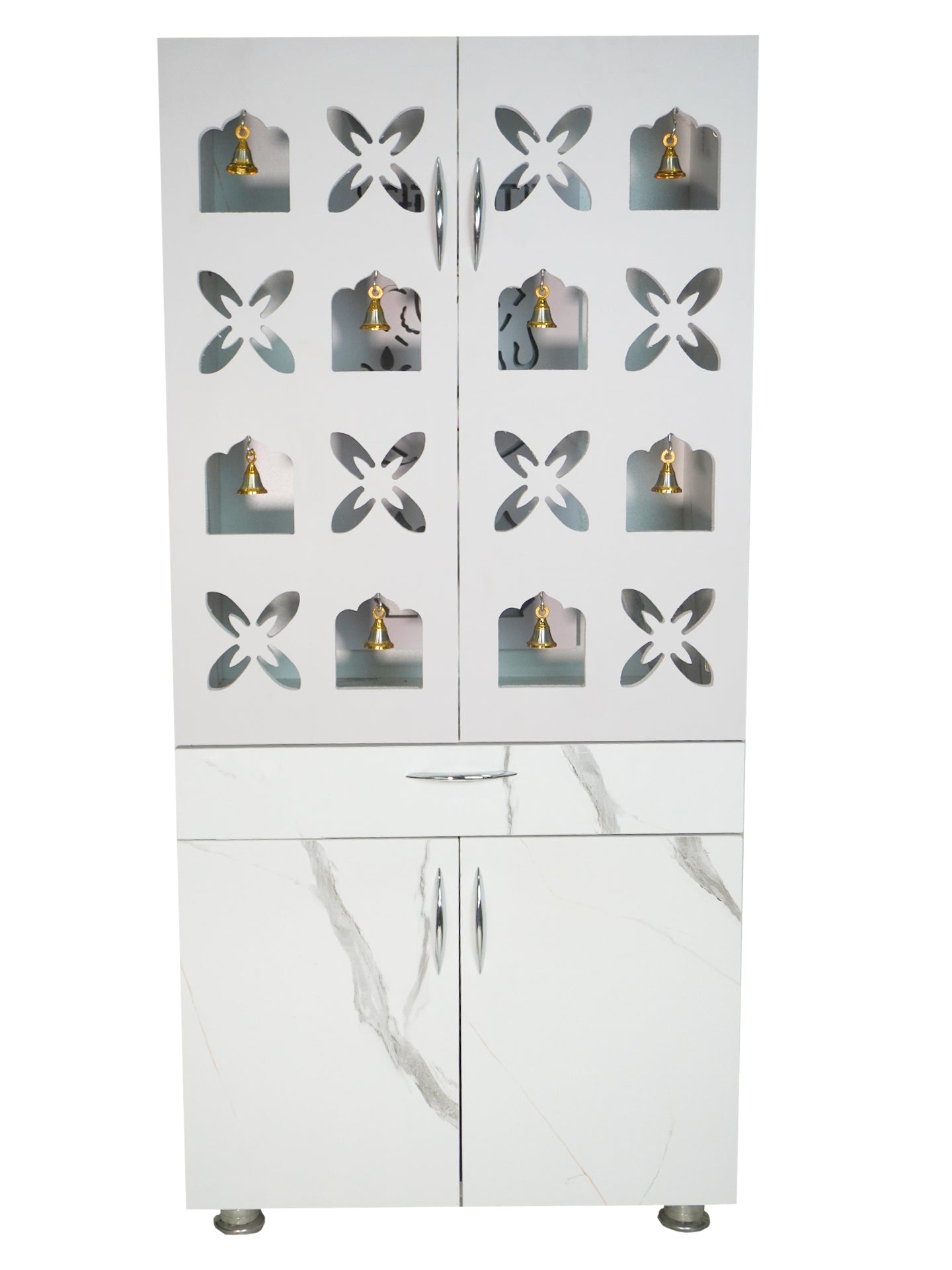 Designer Wooden Mandir for Home with LED Ganesh & Shubh Labh Panel | Premium White Pooja Cabinet with Multi Bells & Storage