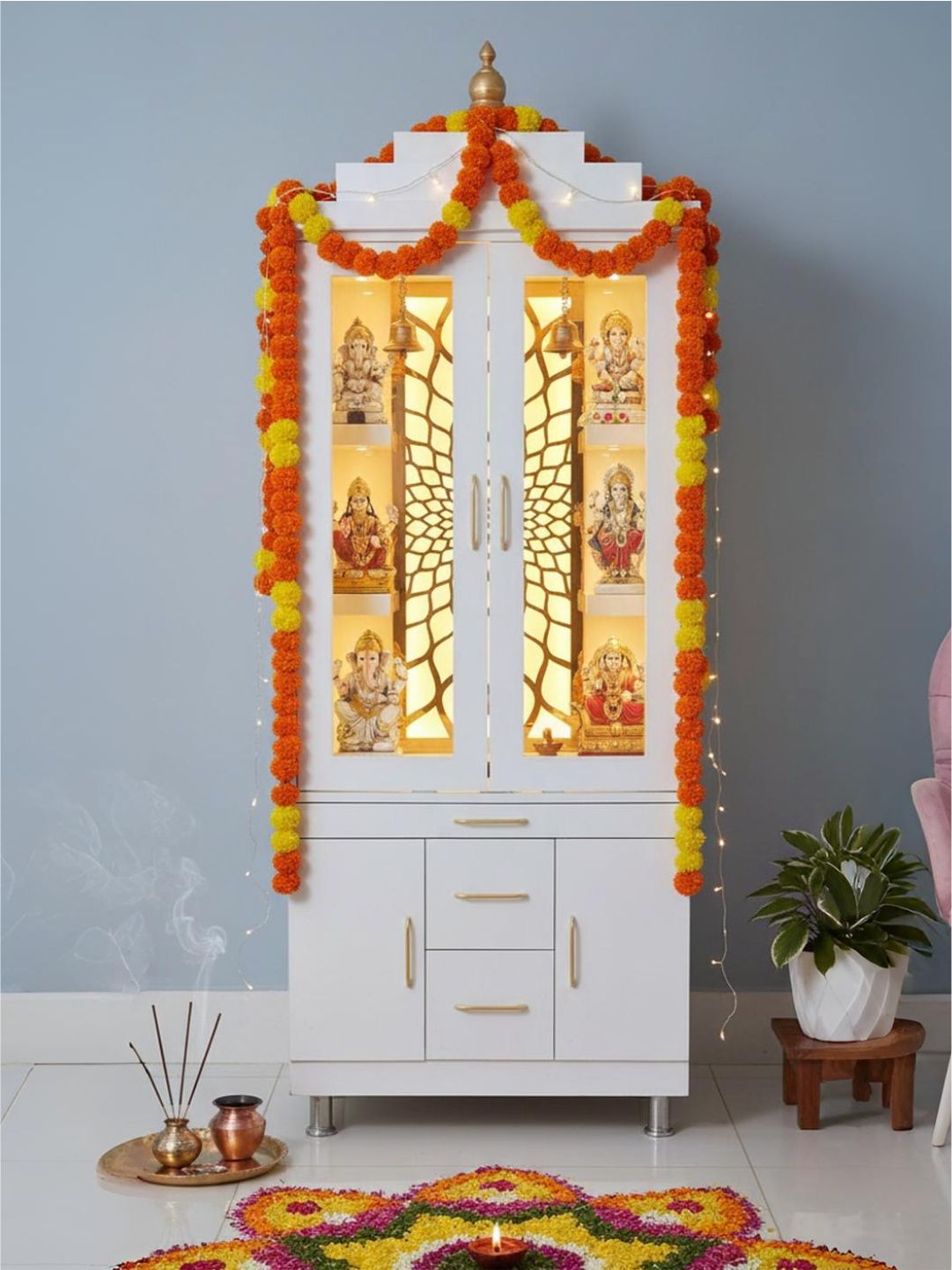 White Wooden Pooja Mandir with Glass Doors and Storage