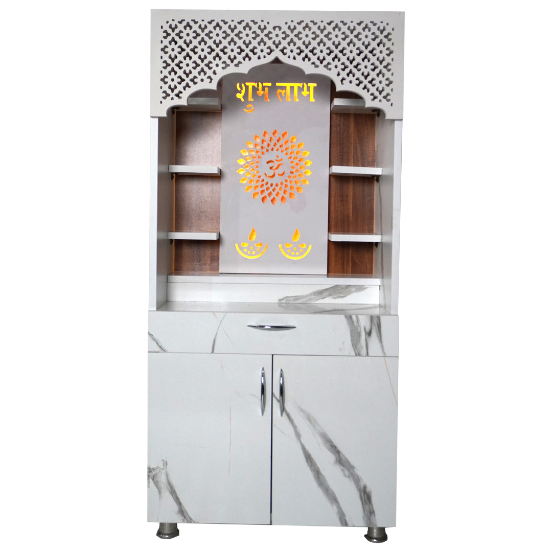 White Marble Finish Mandir with LED Light & Shubh Labh Design – 130x60x34 cm | Modern Wooden Temple for Home with Storage