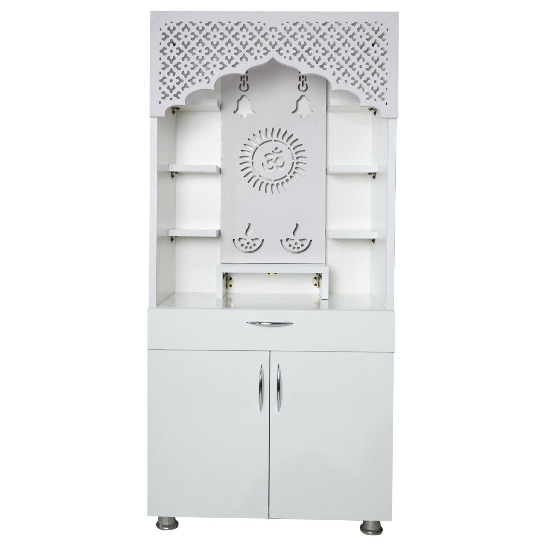White Wooden Temple for Home with LED Om Design | Modern Pooja Mandir with Storage | 130x60x34 cm | The Mandir Company