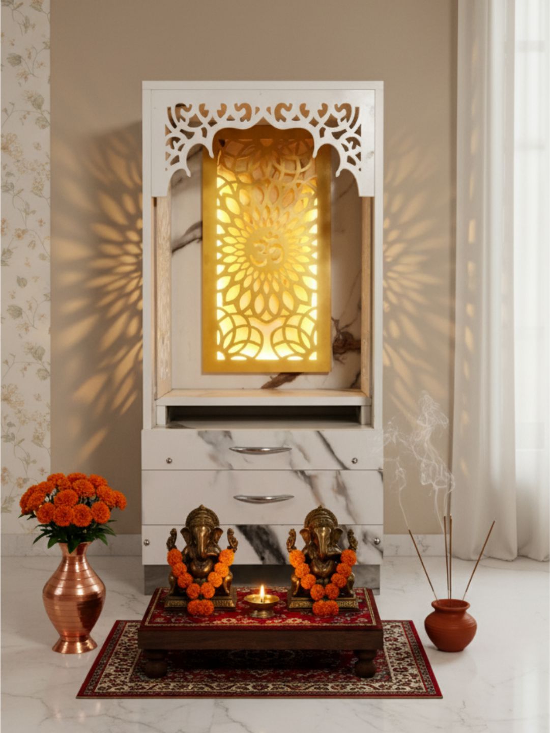 Premium Carved Floral Pooja Mandir in Marble Finish