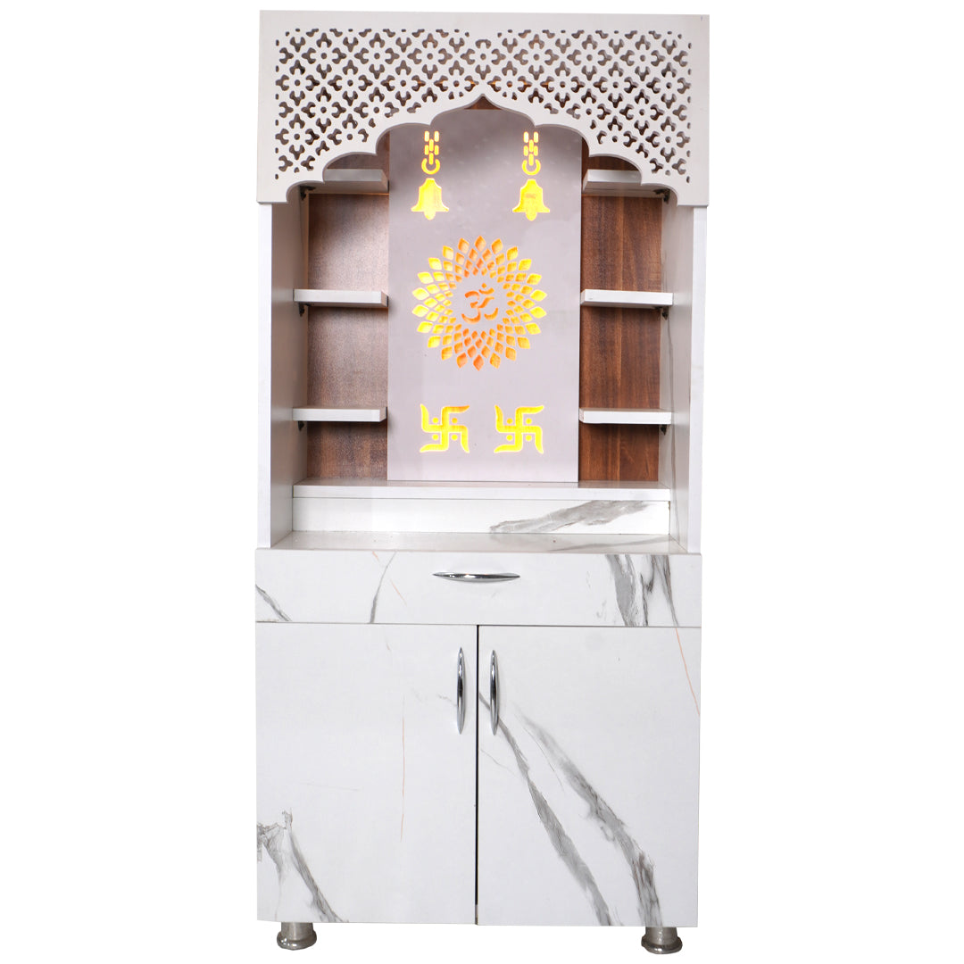 Modern Wooden Temple for Home with Storage | White Marble Finish Mandir with LED Om & Swastik Design – 130x60x34 cm