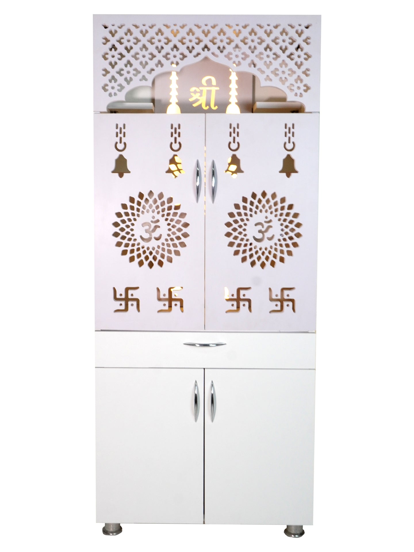 Luxury Wooden Mandir for Home with LED Shree Om Panel & Jaali Design | Modern White Pooja Cabinet with Storage Drawer
