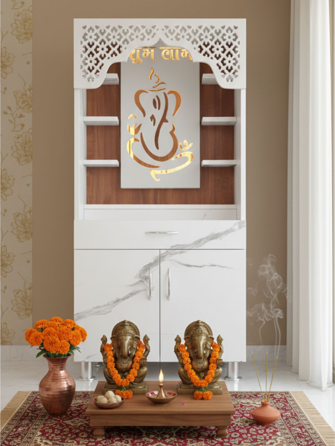 Modern White Marble-Finish Open Pooja Mandir With LED Ganesh