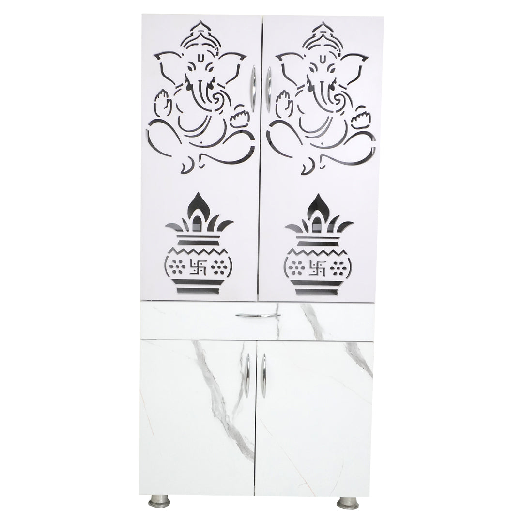 Wooden Mandir for Home with LED Trishul Om Design & Storage | Modern White Pooja Cabinet with Drawer