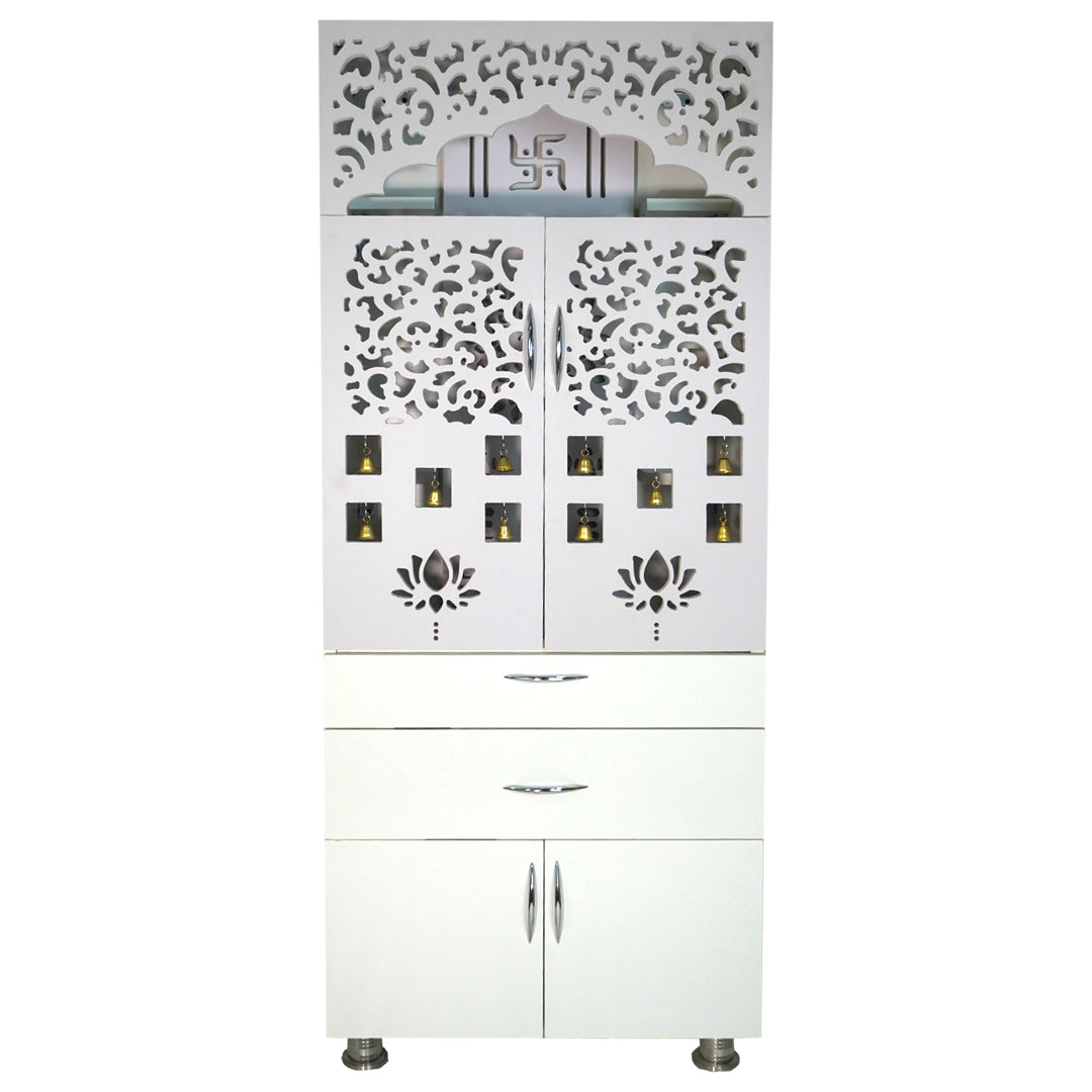 White Wooden Pooja Mandir with LED Light & Storage | Modern Home Temple Cabinet with Drawer & Shelves