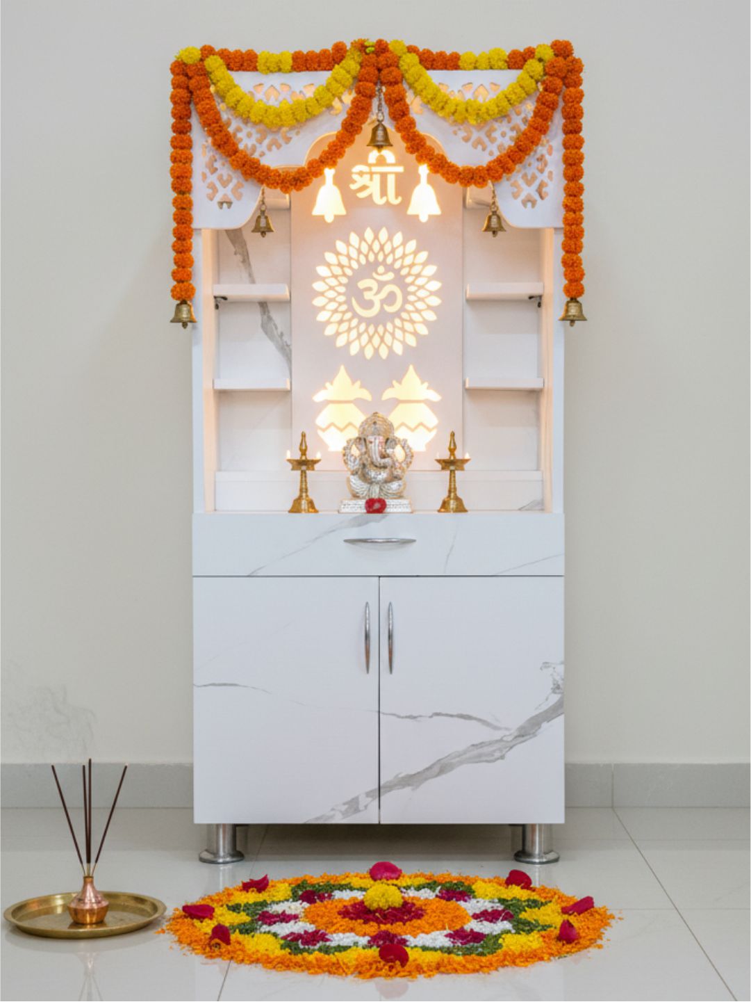 Modern White Pooja Mandir With LED Backlight and Storage