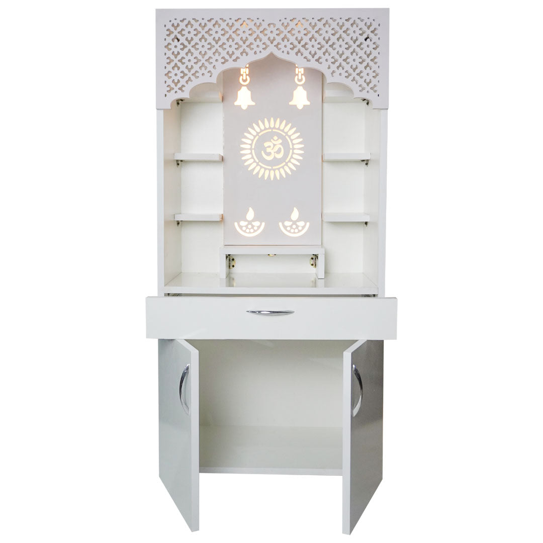 White Wooden Temple for Home with LED Om Design | Modern Pooja Mandir with Storage | 130x60x34 cm | The Mandir Company