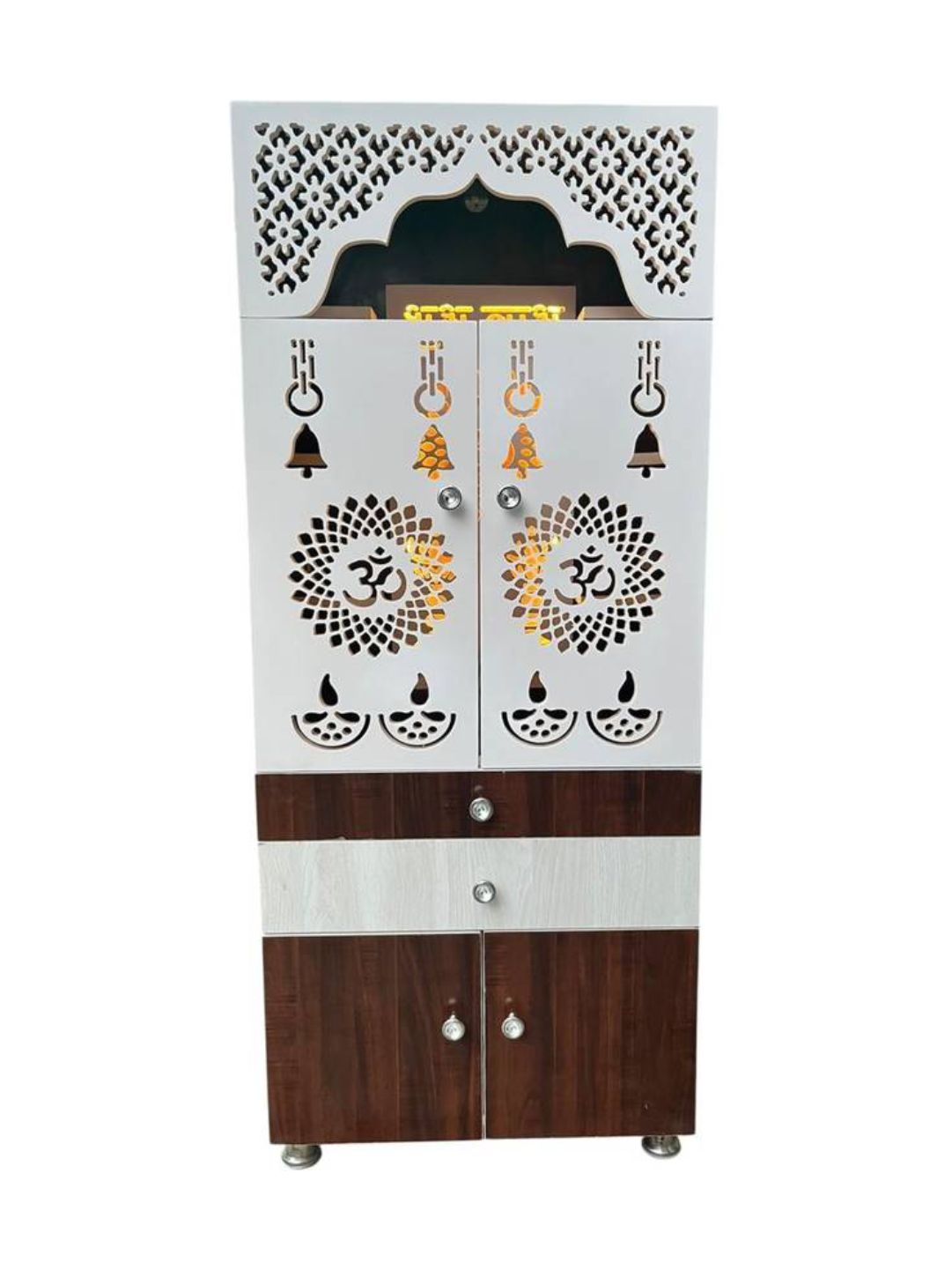 Wood and White Finish Pooja Mandir with Storage