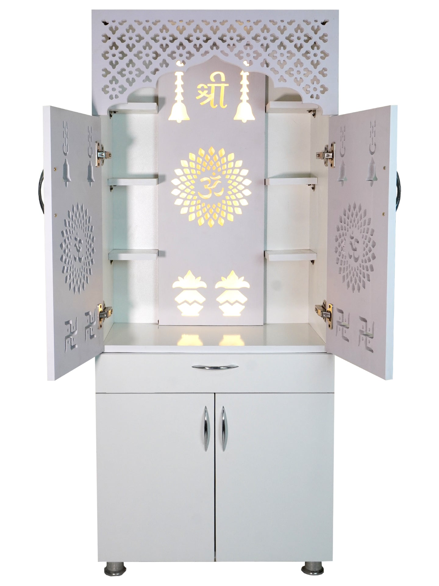 Luxury Wooden Mandir for Home with LED Shree Om Panel & Jaali Design | Modern White Pooja Cabinet with Storage Drawer