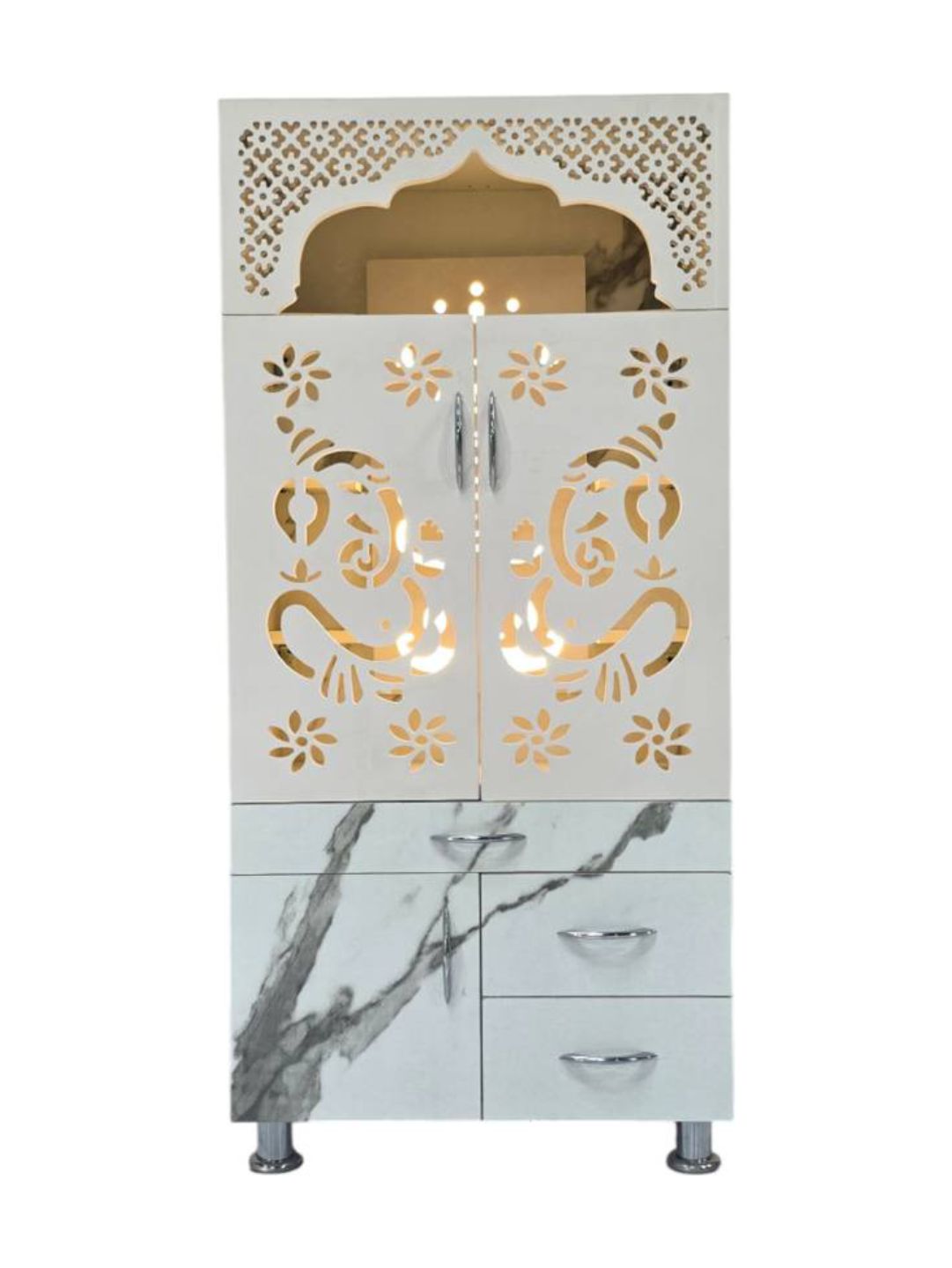 Marble-Finish Wooden Pooja Mandir with LED Light