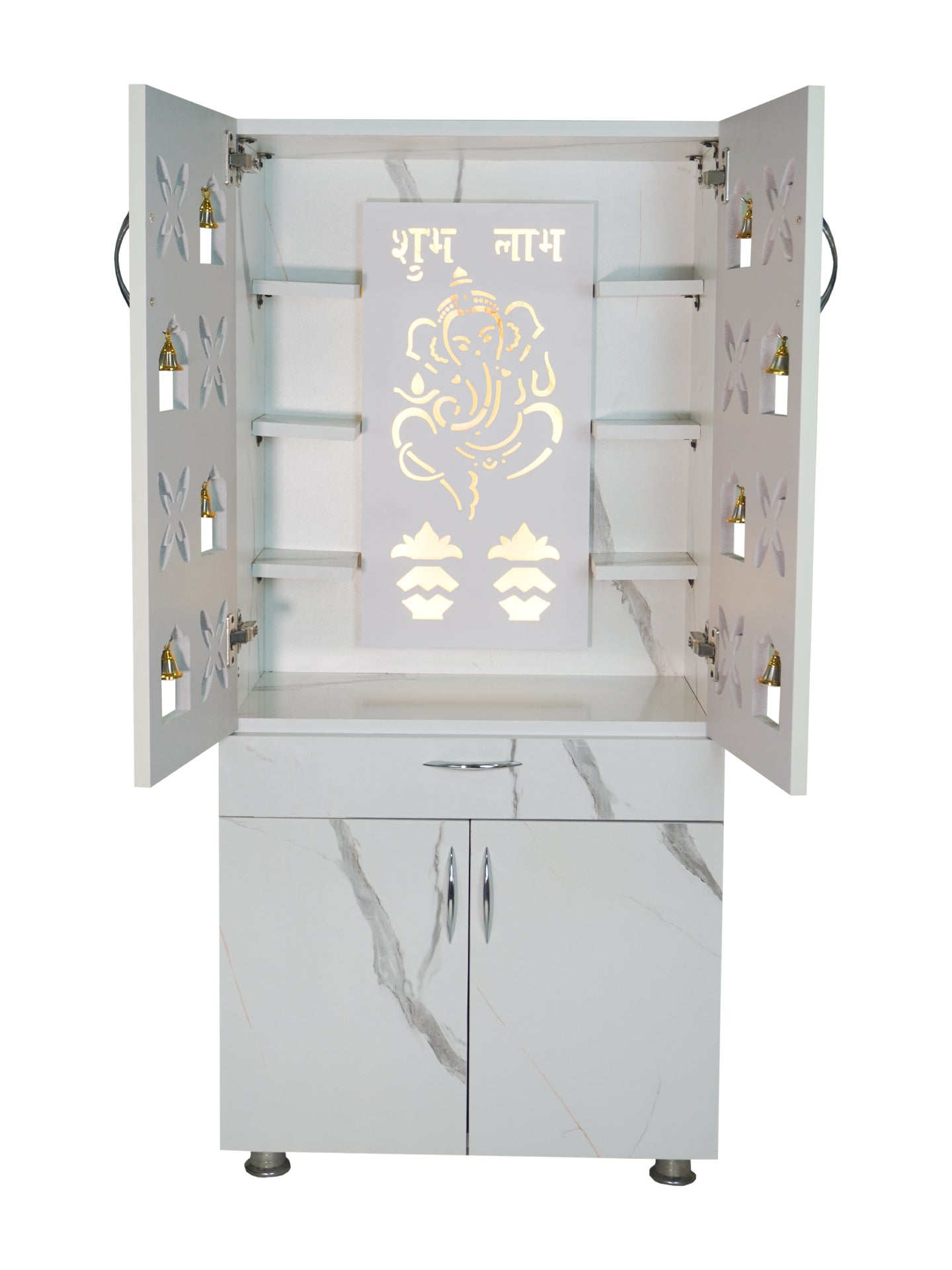 Designer Wooden Mandir for Home with LED Ganesh & Shubh Labh Panel | Premium White Pooja Cabinet with Multi Bells & Storage
