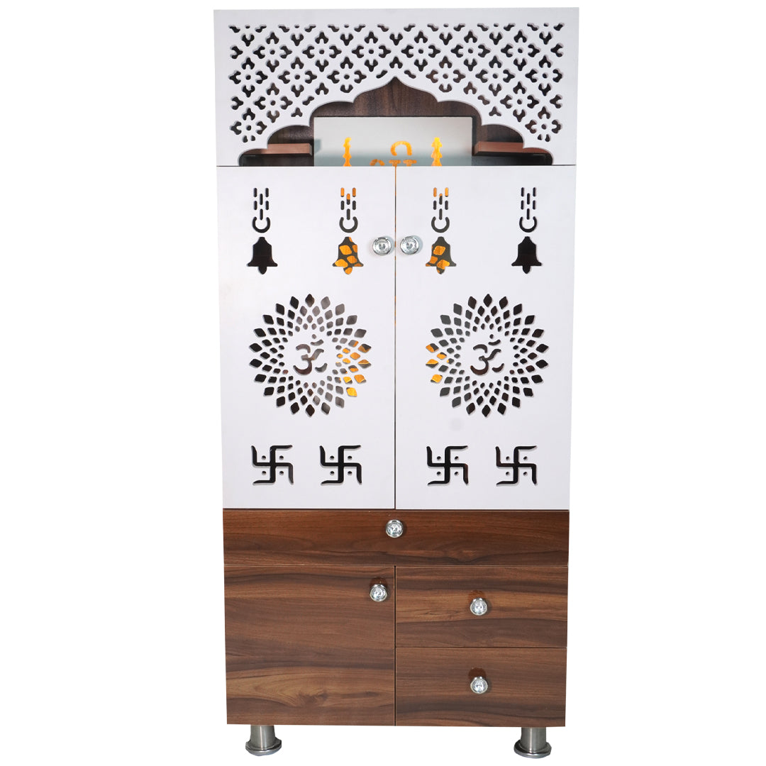 Modern Wooden Mandir with LED Panel & Storage Drawers | Brown & Black Pooja Cabinet (130x60x34 cm)