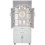 Luxury Wooden Mandir for Home with LED Om Panel & Double Drawer Storage | Modern White Pooja Temple Cabinet
