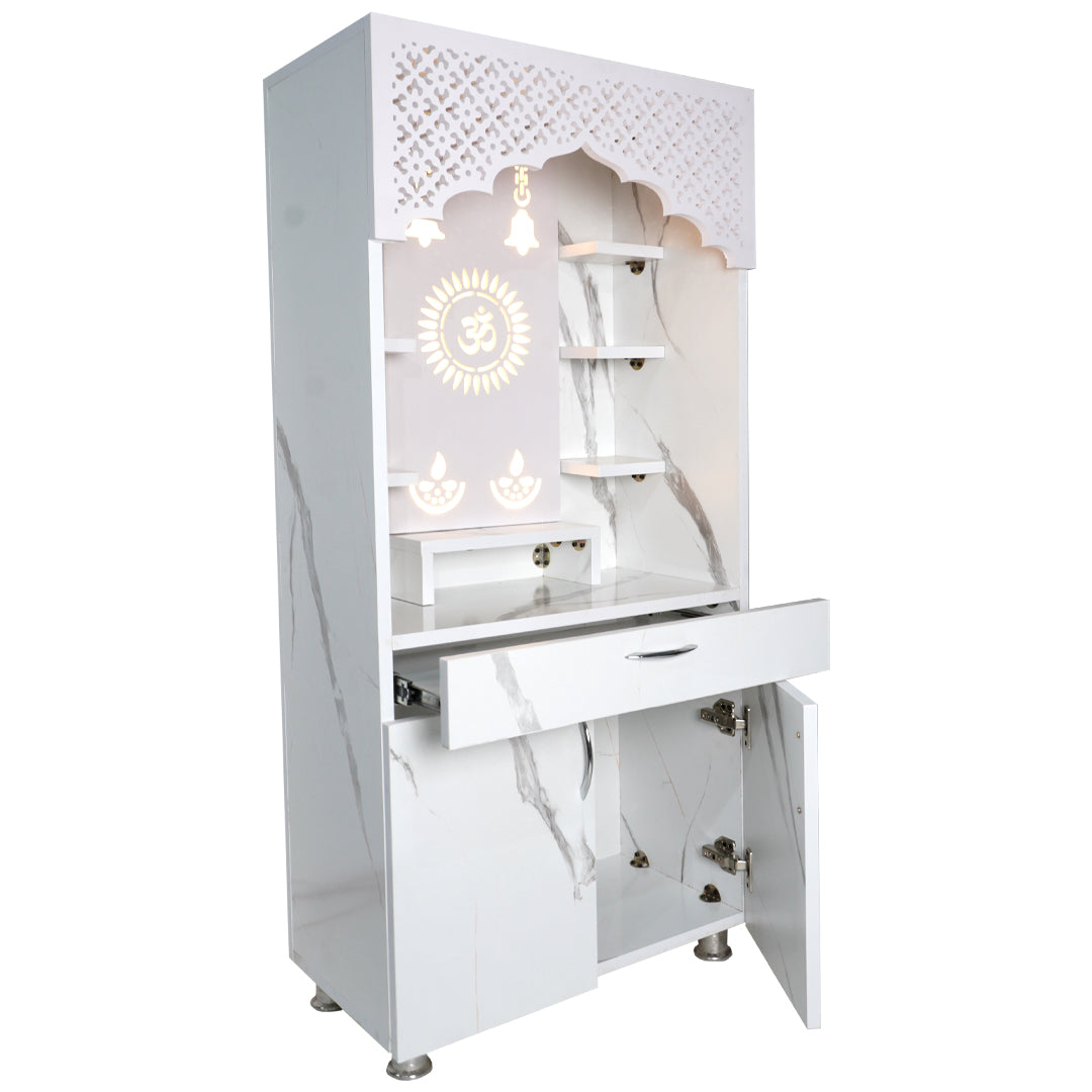 Luxury LED Pooja Mandir for Home – White Marble & Brown Wooden Finish Temple with Storage (130x60x34 cm)