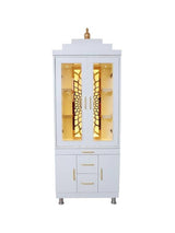 White Wooden Pooja Mandir with Glass Doors and Storage